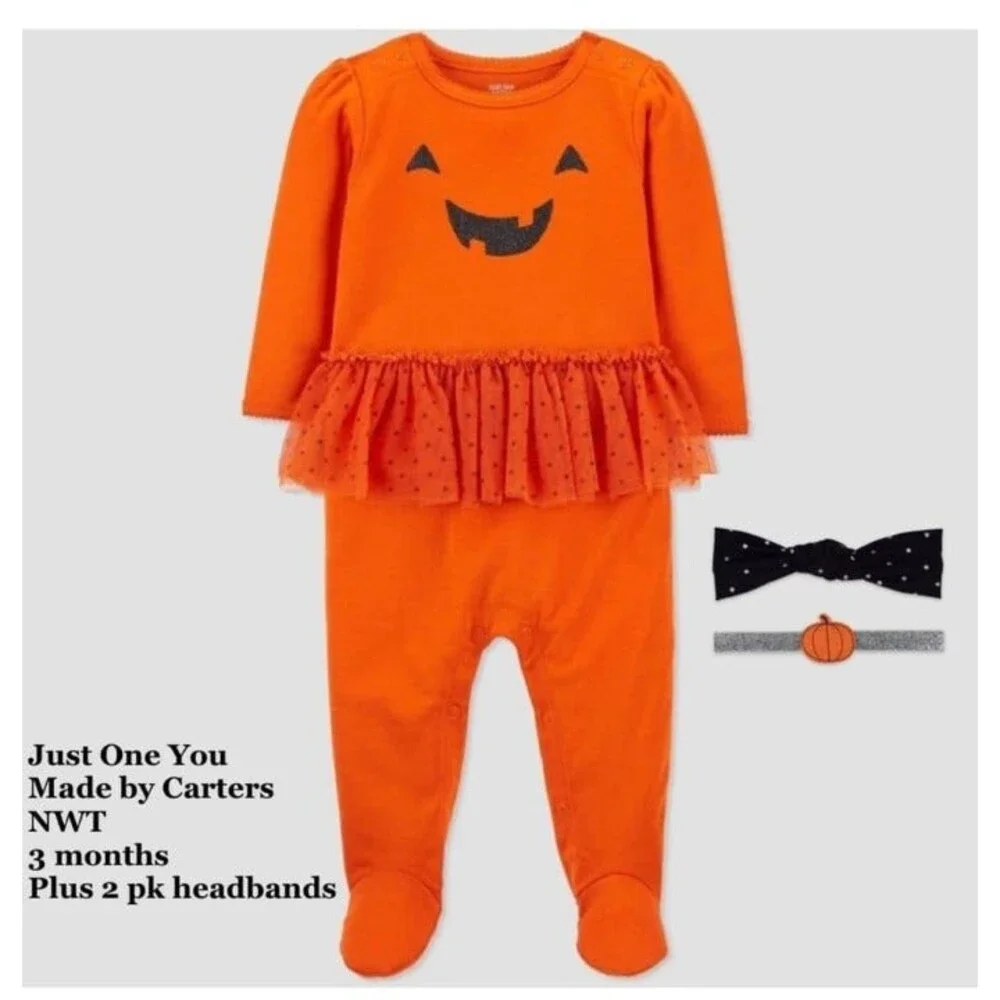 Size 3 months Halloween Carter's Pumpkin Skirted Sleeper PLUS 2 pack headbands